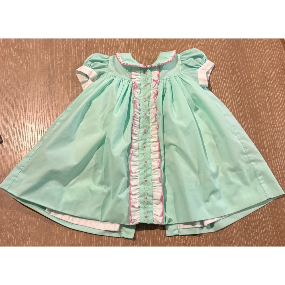 The Proper Peony Girls Mint Green Dress Pink Ruffle Floral Embroidered 18M